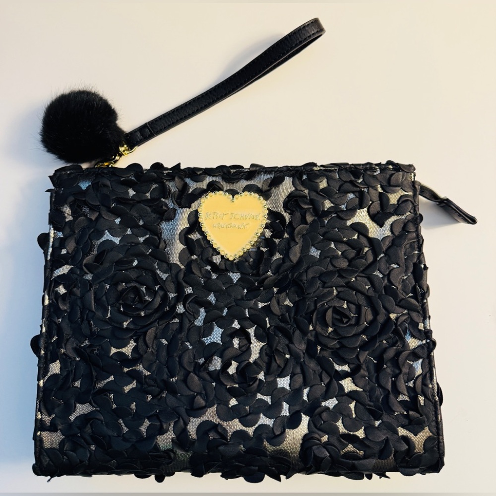 Betsey Johnson Black Cloth Flower Clutch Wristlet